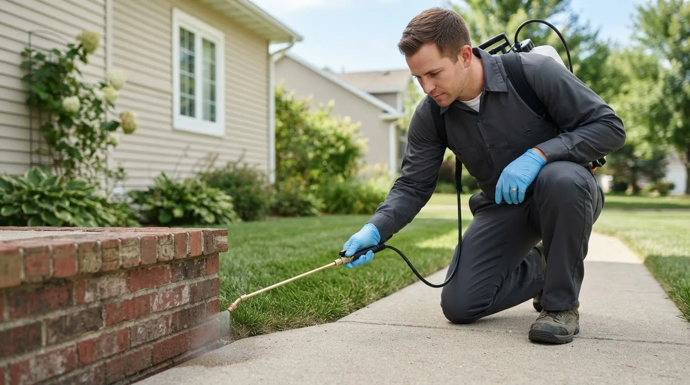 Pest control technician treating a home near Boonville, MO